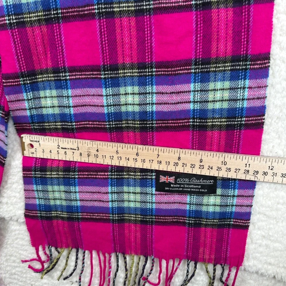 100% Cashmere Scarf Made in Scotland Pink Tartan Plaid Fringe Winter Wrap Preppy
